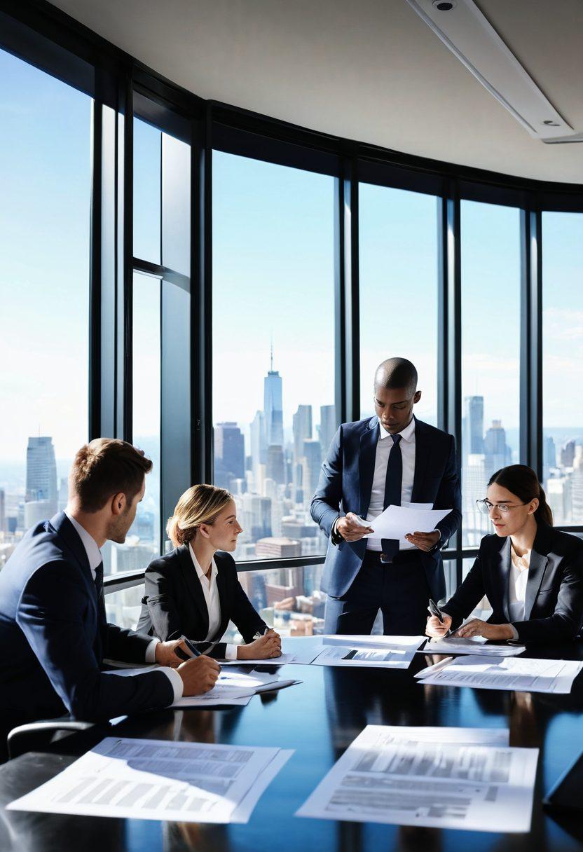 An elegant real estate negotiation scene with a diverse group of professionals gathered around a sleek conference table covered in property documents and digital tablets. One individual gestures confidently, while others take notes, with a backdrop featuring city skyline views through large windows. Soft sunlight illuminates the room, creating an atmosphere of collaboration and strategic thinking. The overall color palette should be warm and inviting, emphasizing professionalism and success. super-realistic. vibrant colors.