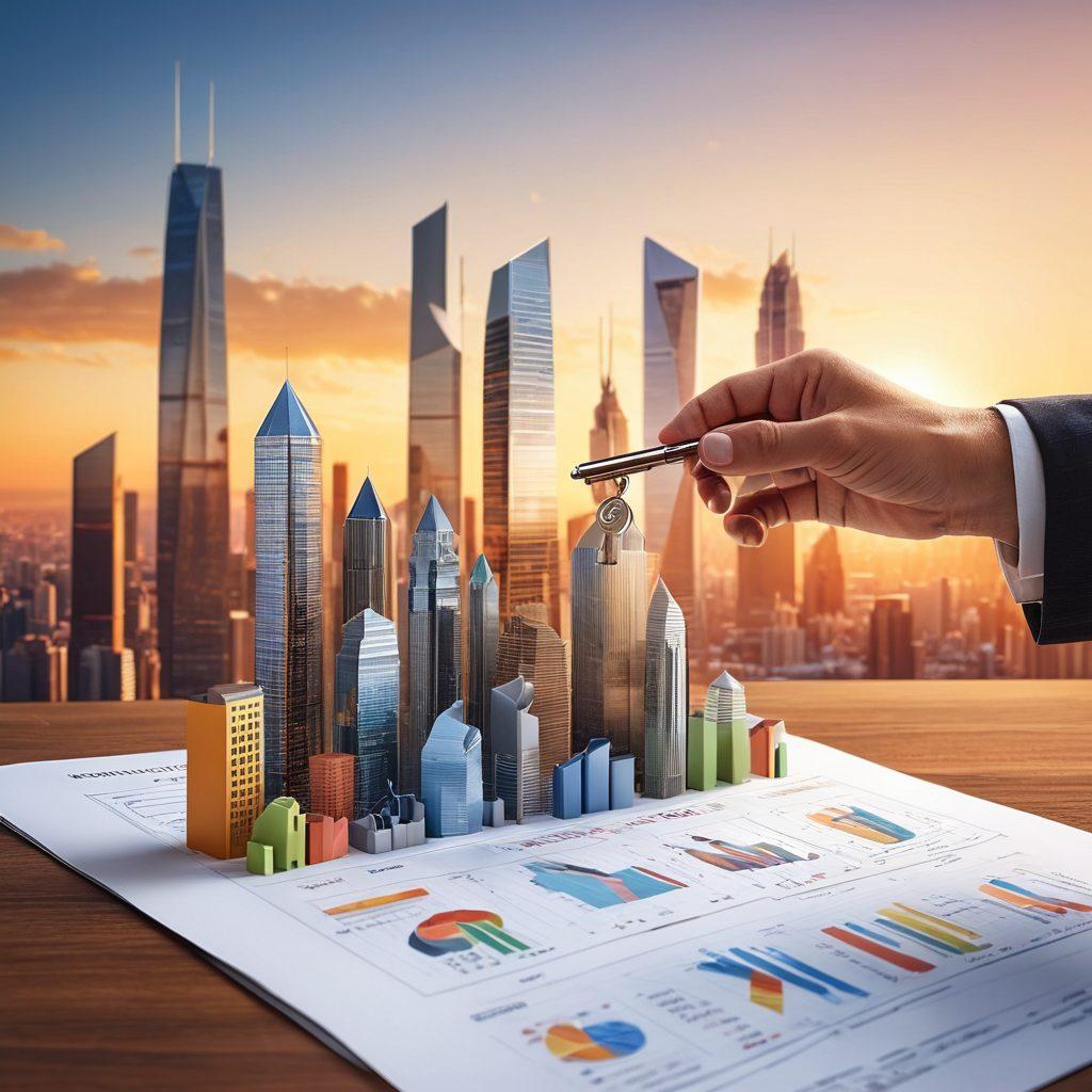 A modern city skyline at sunrise, featuring diverse real estate properties like luxurious homes and skyscrapers. A person holding a key symbolizing unlocking opportunities, with a background showing charts and graphs indicating growth. Incorporate elements representing both buyers and sellers, such as a handshake and a document. The overall mood should inspire confidence and success in real estate investments. super-realistic. vibrant colors. 3D.
