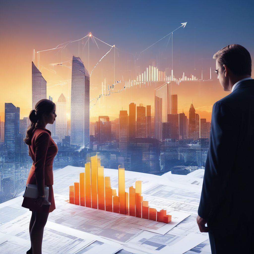An intricate collage showcasing a real estate agent examining property blueprints, overlaid with bar graphs and valuation charts, while a house silhouette looms in the background. The scene captures scales of justice balancing money and a house symbolizing investment decisions. Warm lighting illuminates the agent's focused expression. Consider a modern city skyline in the distance. 3D. vibrant colors.